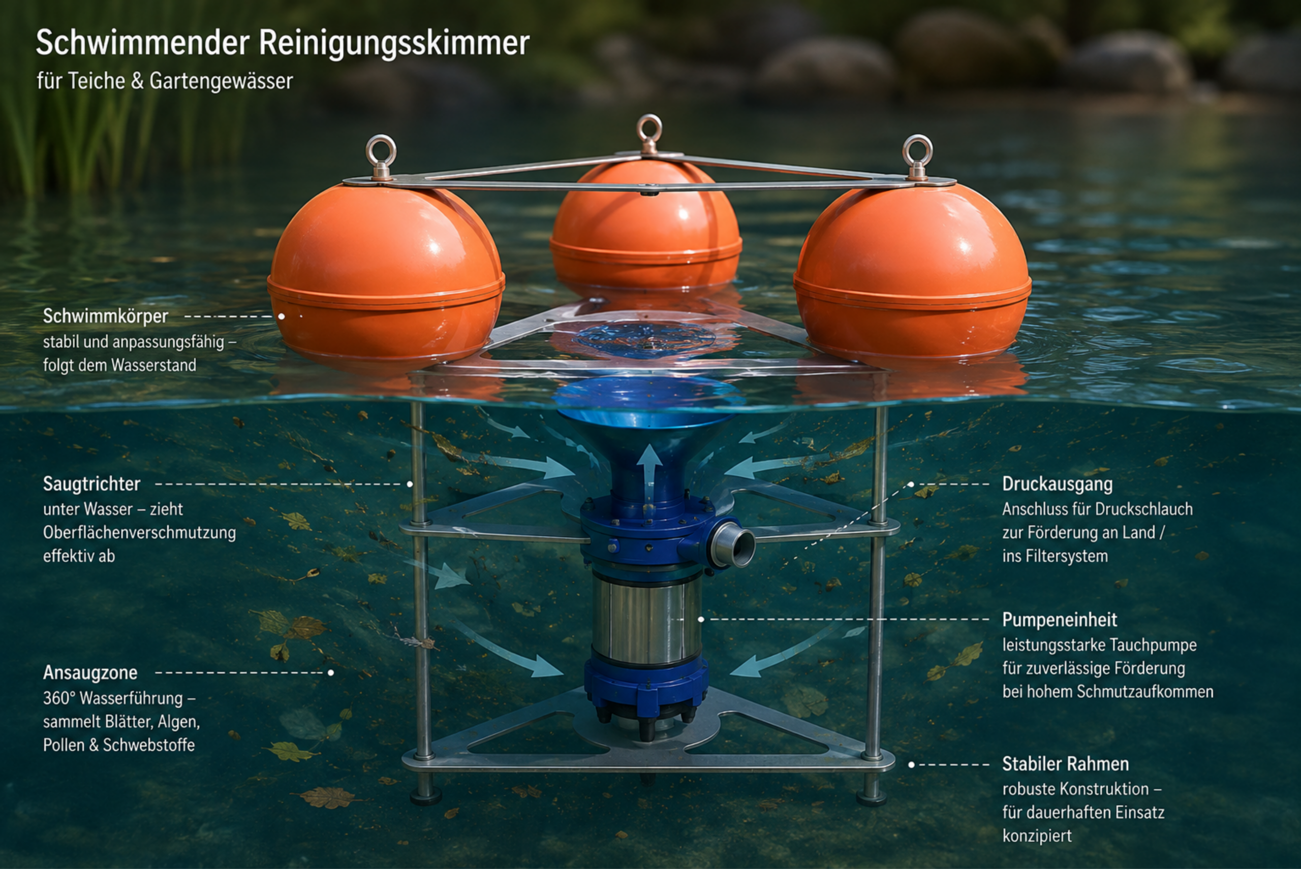 Wasserlinsen im Gartenteich entfernen: Was bei starkem Befall wirklich hilft 4 Symbolbild einer mobilen schwimmenden Absaugeinheit für die Oberflächenreinigung von Gartenteichen